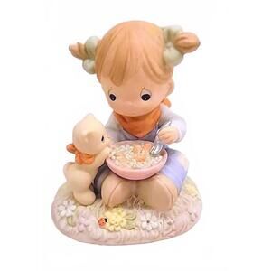 Precious Moments cute girl feeding kitten